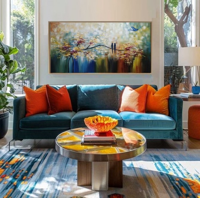 Quadro pintado a mão arvore e passarinhos medida 60x120 