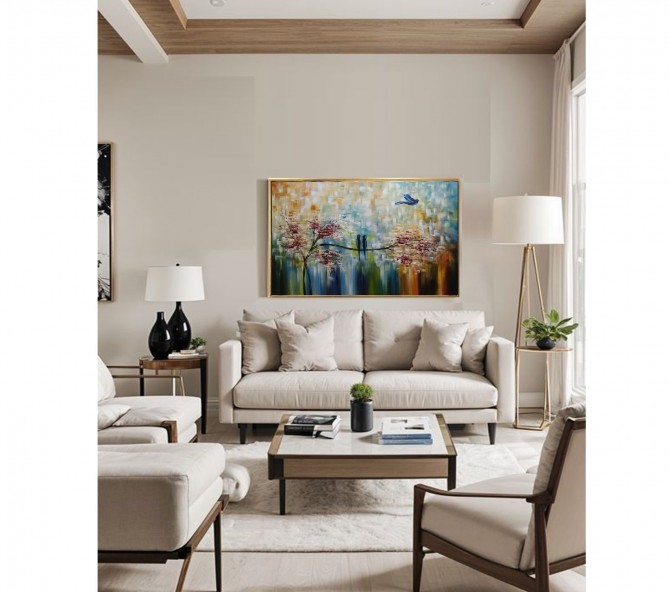 Quadro pintado a mão arvore e passarinhos medida 70x120 