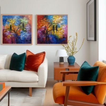 Quadros pintados a mão arvore e passarinhos medida 40x40 cada 