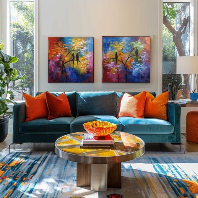 Quadro pintado a mão arvore e passarinhos medida 50x50