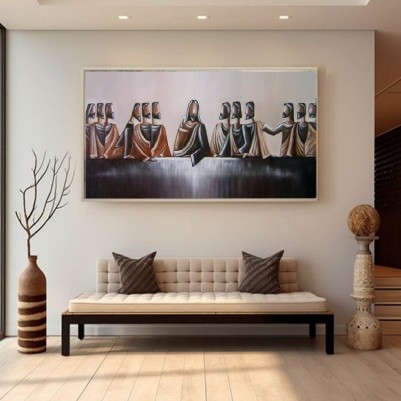 Quadro Santa ceia pintada a mão mesa degrade marrom cinza medida 80x150