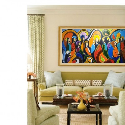 Quadro Santa ceia pintada a mão colorida modelo curvas  medida 80x150 