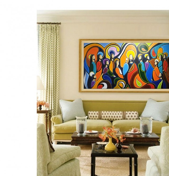 Quadro Santa ceia pintada a mão colorida modelo curvas  medida 80x150 
