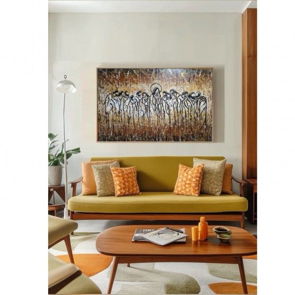 Quadro pintado a mão Santa ceia fundo tinta em relevo , medida 80x120