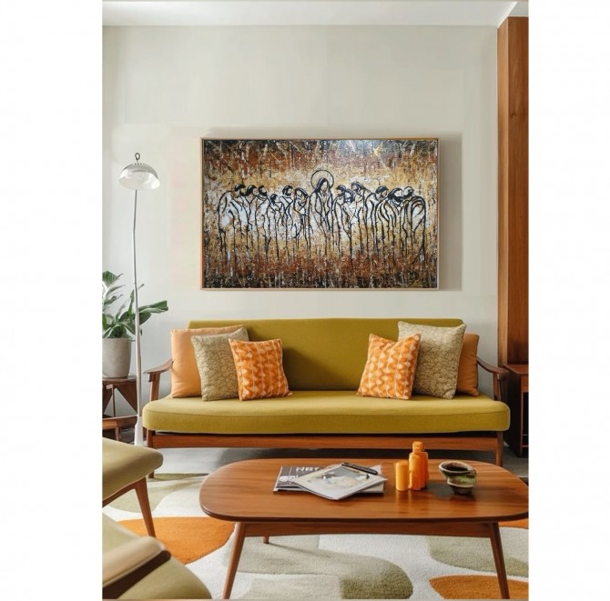 Quadro pintado a mão Santa ceia fundo tinta em relevo , medida 80x120