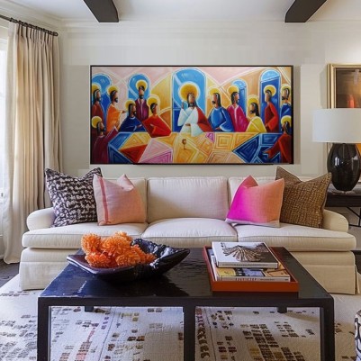 Quadro decorativo Santa ceia colorida com rosa moderna pintada a mão medida 70x150