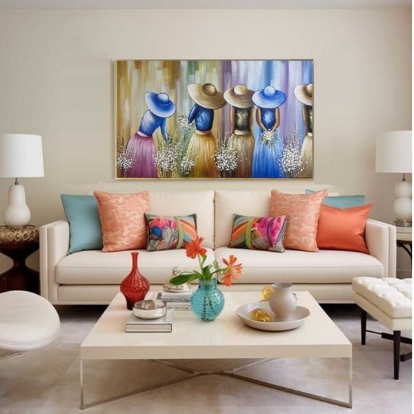 Quadro pintado a mão tema floristas, camponesas  70x120 