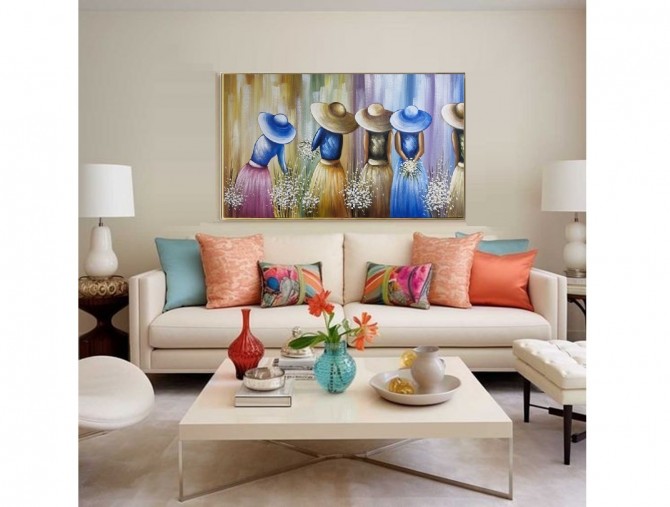 Quadro pintado a mão tema floristas, camponesas  70x120 