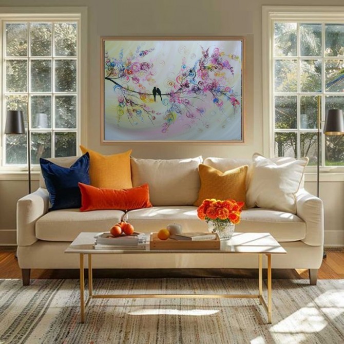 Quadro decorativo pintado a mão tema arvores e passarinhos estilo moderno 2a  fundo clarinho 80x100  