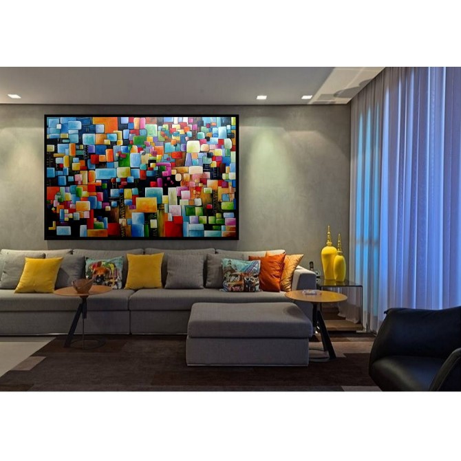 Quadro abstrato pintado a mão, pedras coloridas e escadinhas 100X150 COD 1027