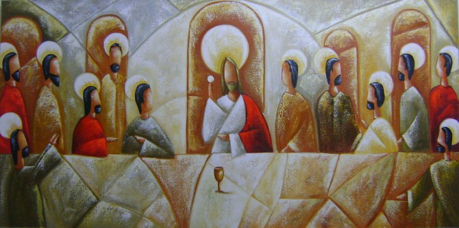 Quadro pintado a mão Santa ceia espatulada,para decoração medida 60x120 códio 969
