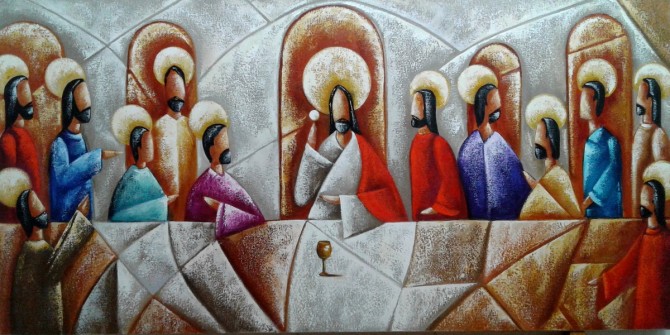 Quadro pintado a mão Santa ceia espatulada,para decoração medida 60x120 códio 971