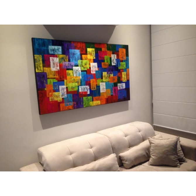 Quadro abstrato multicolorido pintado a mão geométricos espatulado  90x150 código 1004