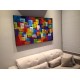 Quadro abstrato multicolorido pintado a mão geométricos espatulado  90x150 código 1004
