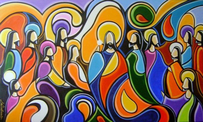 Quadro Santa ceia pintada a mão colorida modelo curvas  medida 90x150 código 940