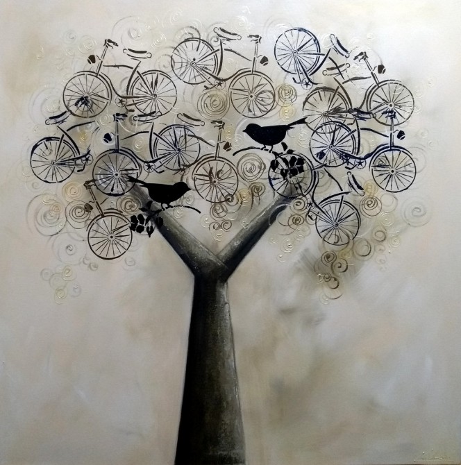 Quadro decorativo pintado a mão tema arvores e passarinhos e bikes (bicicletas) estilo moderno 4a, 80x80 