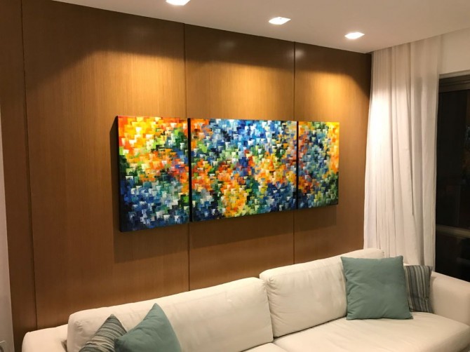 Quadros abstratos multicoloridos pintado a mão para composição medida total 70x180 código 1170