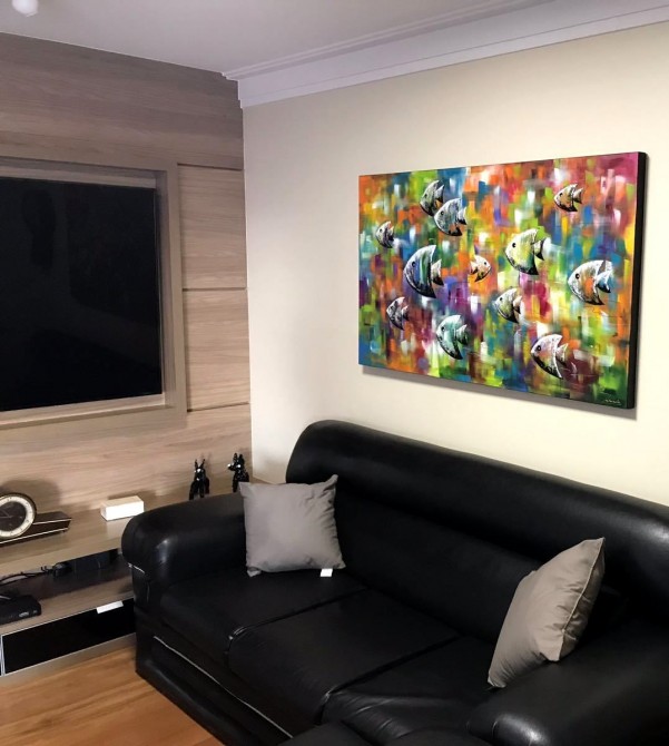 Quadro decorativo pintado a mão peixes 1A medida 80x140 cod 1181