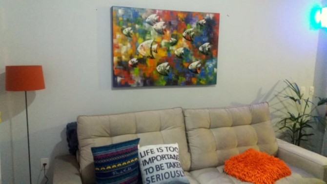 Quadro decorativo pintado a mão peixes 1A medida 80x120 cod 1186