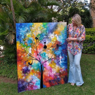 Quadro decorativo pintado a mão Arvores de gatos  medida 150x120 