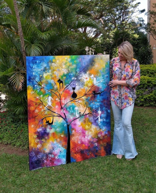 Quadro decorativo pintado a mão Arvores de gatos  medida 150x120 