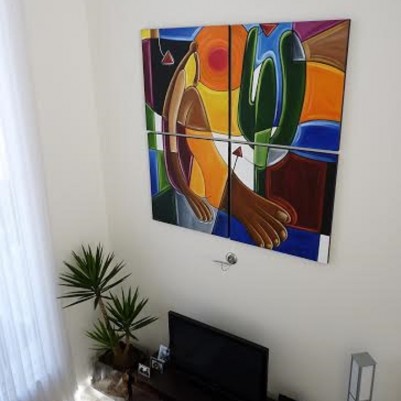 Quadro decorativo pintado a mão releitura de Tarsila do Amaral por Katia Almeida , O Abaporu  200x200 código 406