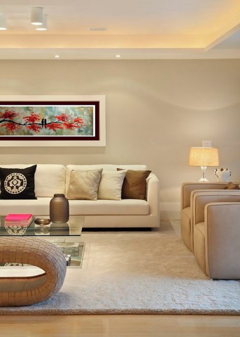 Quadro pintado a mão arvore e passarinhos flores vermelhas    
