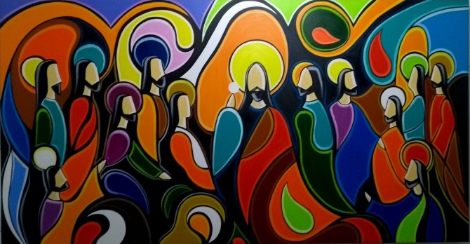 Quadro Santa ceia pintada a mão colorida modelo curvas  medida 100x190 código 1279