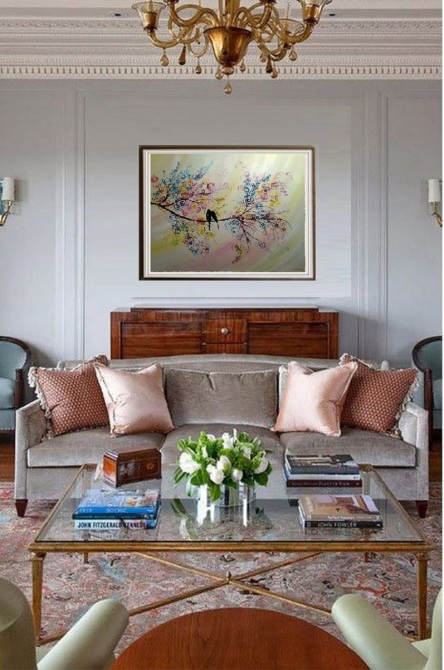 Quadro decorativo pintado a mão tema arvores e passarinhos estilo moderno 2a  fundo clarinho 70x90  código 1287