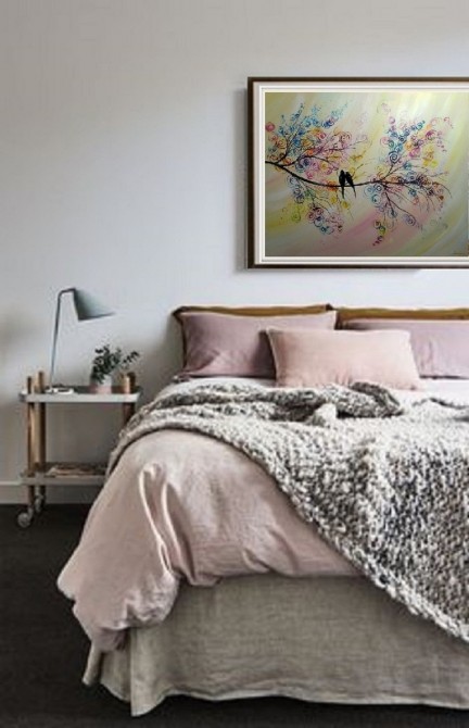 Quadro decorativo pintado a mão tema arvores e passarinhos estilo moderno 2a  funco clarinho 70x90  código 1288