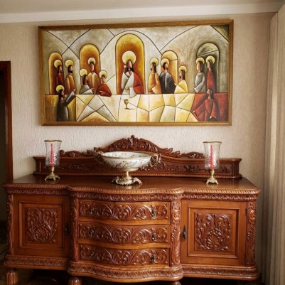 Quadro pintado a mão Santa ceia espatulada, arte sacra para decoração medida 90x180 