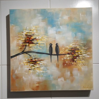 Quadros pintados a mão arvore e passarinhos medida 40x40 cada código 1372